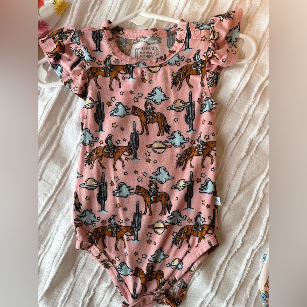 6/12M “Oakley” Posh Peanut Bamboo Ruffled Sleeve Onesie - Rare Print!